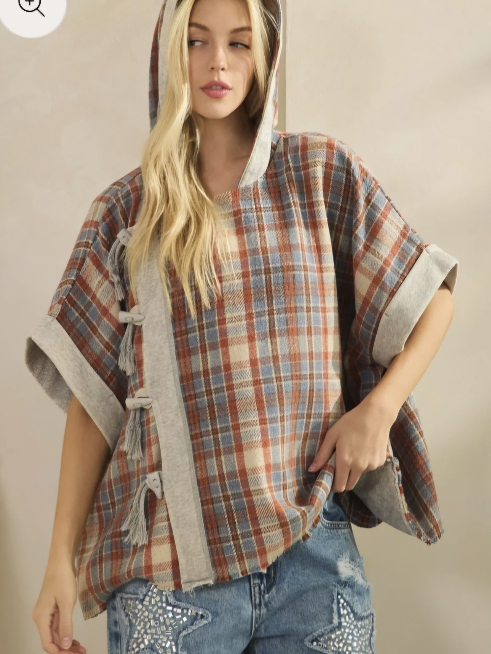 Plaid Hooded Poncho - Blue and Brown